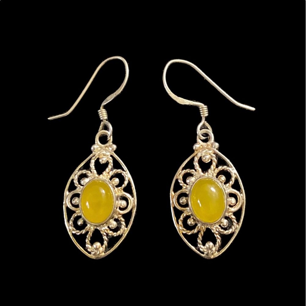 Artisan Crafted Yellow Jade Earrings set in 925 Silver